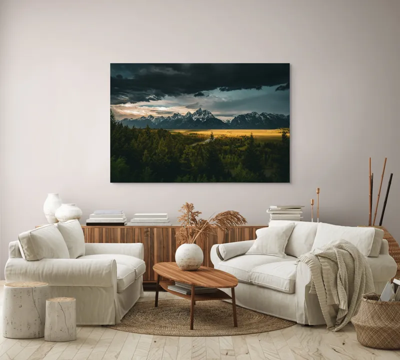 Tablou Canvas, "Răsărit peste munți înnourați", Montagne, Pădure, Cer, Nori, Apus, Dramatic, Lumină, Peisaj, Timp, Natura, 150 x 100 cm – poza 3