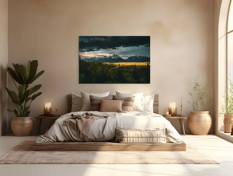 Tablou Canvas, "Răsărit peste munți înnourați", Montagne, Pădure, Cer, Nori, Apus, Dramatic, Lumină, Peisaj, Timp, Natura, 150 x 100 cm – poza 4