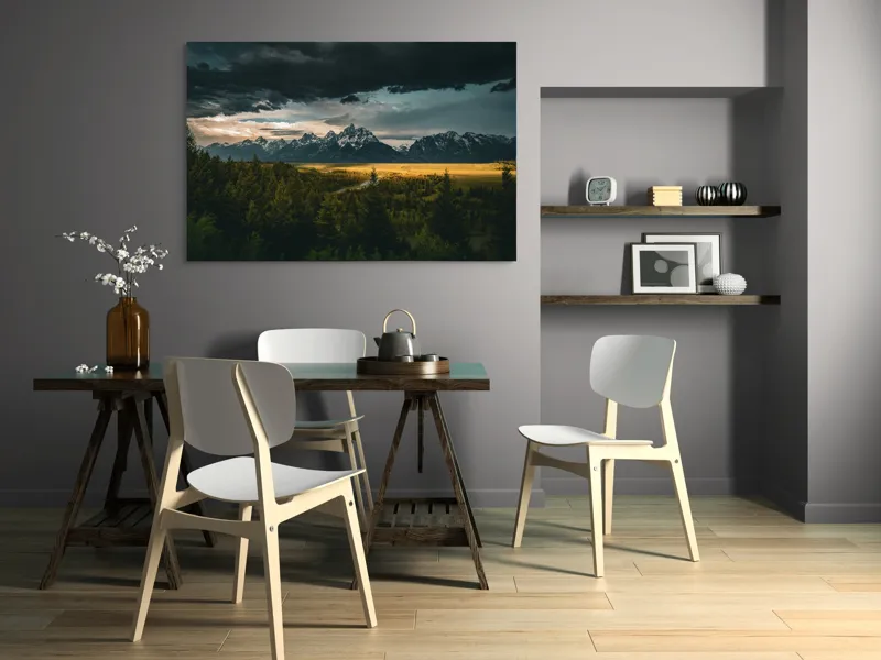 Tablou Canvas, "Răsărit peste munți înnourați", Montagne, Pădure, Cer, Nori, Apus, Dramatic, Lumină, Peisaj, Timp, Natura, 150 x 100 cm – poza 5