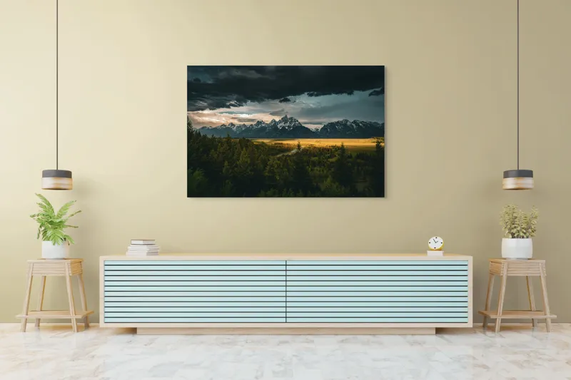 Tablou Canvas, "Răsărit peste munți înnourați", Montagne, Pădure, Cer, Nori, Apus, Dramatic, Lumină, Peisaj, Timp, Natura, 150 x 100 cm – poza 6