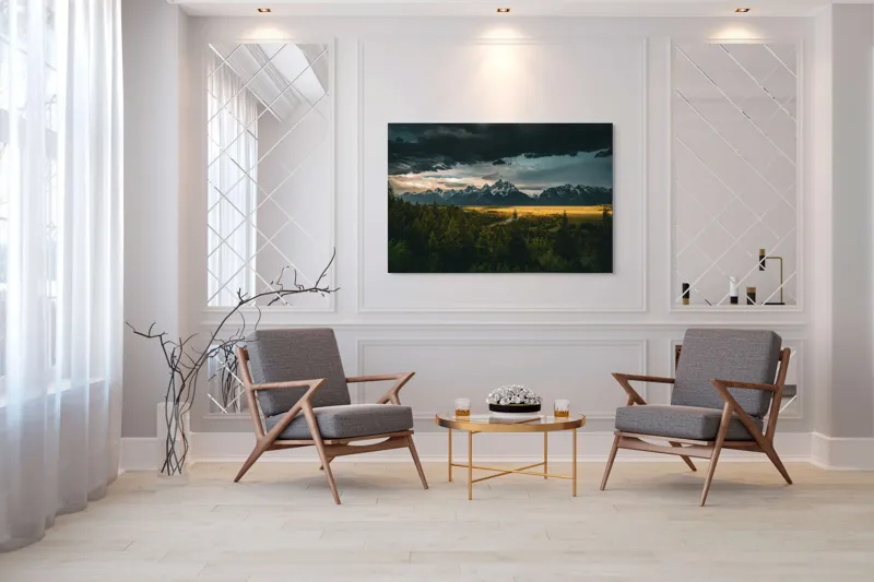 Tablou Canvas, "Răsărit peste munți înnourați", Montagne, Pădure, Cer, Nori, Apus, Dramatic, Lumină, Peisaj, Timp, Natura, 150 x 100 cm – poza 7
