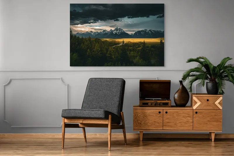 Tablou Canvas, "Răsărit peste munți înnourați", Montagne, Pădure, Cer, Nori, Apus, Dramatic, Lumină, Peisaj, Timp, Natura, 150 x 100 cm – poza 8