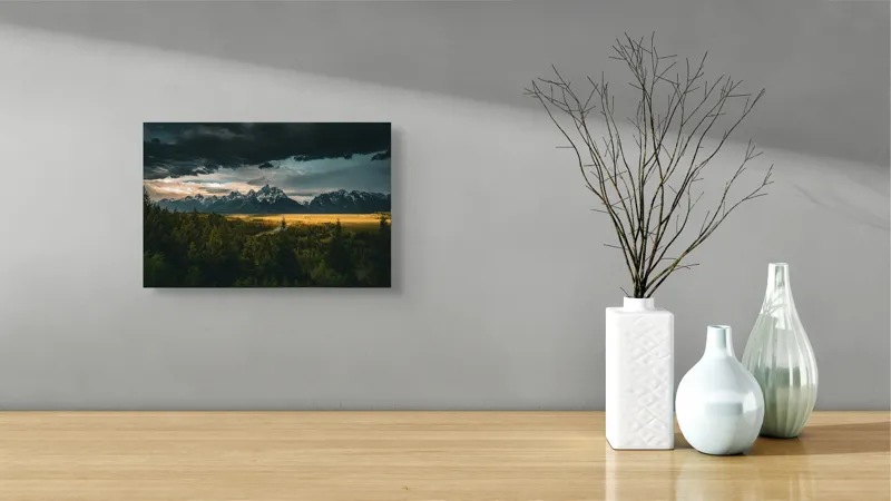 Tablou Canvas, "Răsărit peste munți înnourați", Montagne, Pădure, Cer, Nori, Apus, Dramatic, Lumină, Peisaj, Timp, Natura, 39 x 26 cm – poza 8