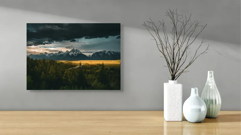 Tablou Canvas, "Răsărit peste munți înnourați", Montagne, Pădure, Cer, Nori, Apus, Dramatic, Lumină, Peisaj, Timp, Natura, 54 x 39 cm – poza 3