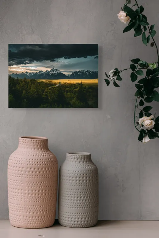 Tablou Canvas, "Răsărit peste munți înnourați", Montagne, Pădure, Cer, Nori, Apus, Dramatic, Lumină, Peisaj, Timp, Natura, 54 x 39 cm – poza 8