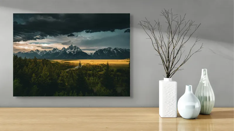 Tablou Canvas, "Răsărit peste munți înnourați", Montagne, Pădure, Cer, Nori, Apus, Dramatic, Lumină, Peisaj, Timp, Natura, 70 x 50 cm – poza 3