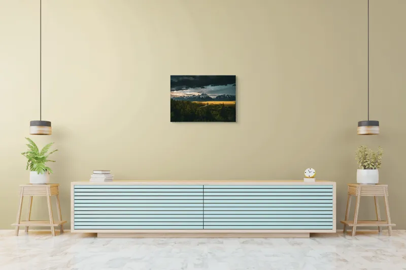 Tablou Canvas, "Răsărit peste munți înnourați", Montagne, Pădure, Cer, Nori, Apus, Dramatic, Lumină, Peisaj, Timp, Natura, 70 x 50 cm – poza 7