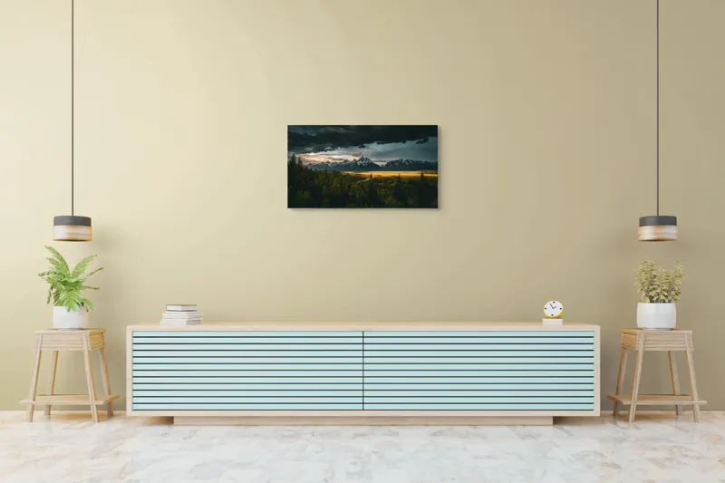 Tablou Canvas, "Răsărit peste munți înnourați", Montagne, Pădure, Cer, Nori, Apus, Dramatic, Lumină, Peisaj, Timp, Natura, 90 x 50 cm – poza 5