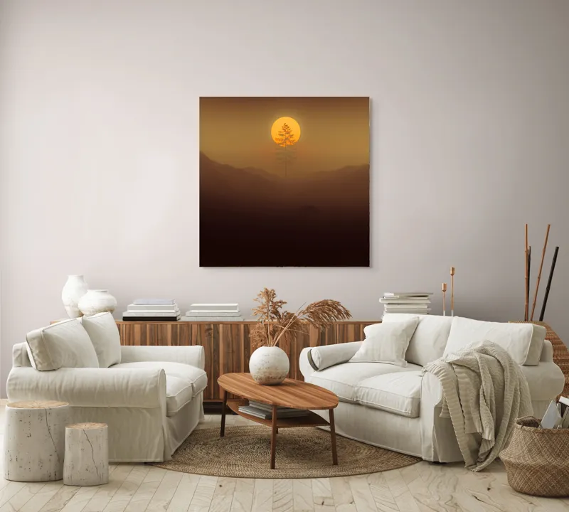 Tablou Canvas, "Copacul solitar sub soarele misterios", Soare, Copac, Ceață, Munte, Lumină, Siluetă, Apus, 100 x 100 cm – poza 3