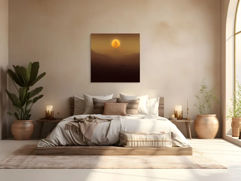 Tablou Canvas, "Copacul solitar sub soarele misterios", Soare, Copac, Ceață, Munte, Lumină, Siluetă, Apus, 100 x 100 cm – poza 4