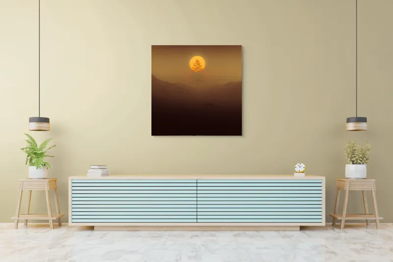 Tablou Canvas, "Copacul solitar sub soarele misterios", Soare, Copac, Ceață, Munte, Lumină, Siluetă, Apus, 100 x 100 cm – poza 5