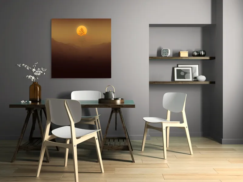 Tablou Canvas, "Copacul solitar sub soarele misterios", Soare, Copac, Ceață, Munte, Lumină, Siluetă, Apus, 100 x 100 cm – poza 6
