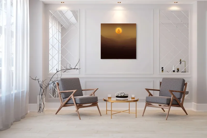 Tablou Canvas, "Copacul solitar sub soarele misterios", Soare, Copac, Ceață, Munte, Lumină, Siluetă, Apus, 100 x 100 cm – poza 7