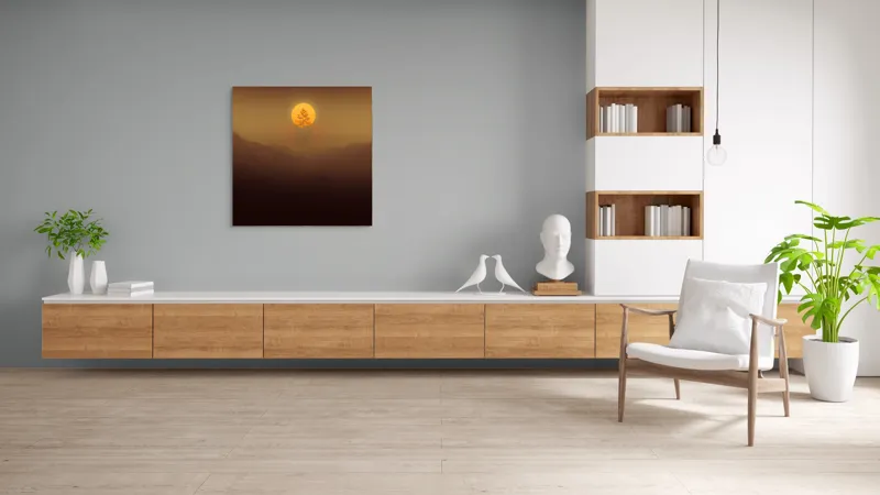 Tablou Canvas, "Copacul solitar sub soarele misterios", Soare, Copac, Ceață, Munte, Lumină, Siluetă, Apus, 100 x 100 cm – poza 8