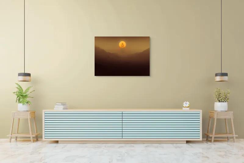 Tablou Canvas, "Copacul solitar sub soarele misterios", Soare, Copac, Ceață, Munte, Lumină, Siluetă, Apus, 100 x 70 cm – poza 4