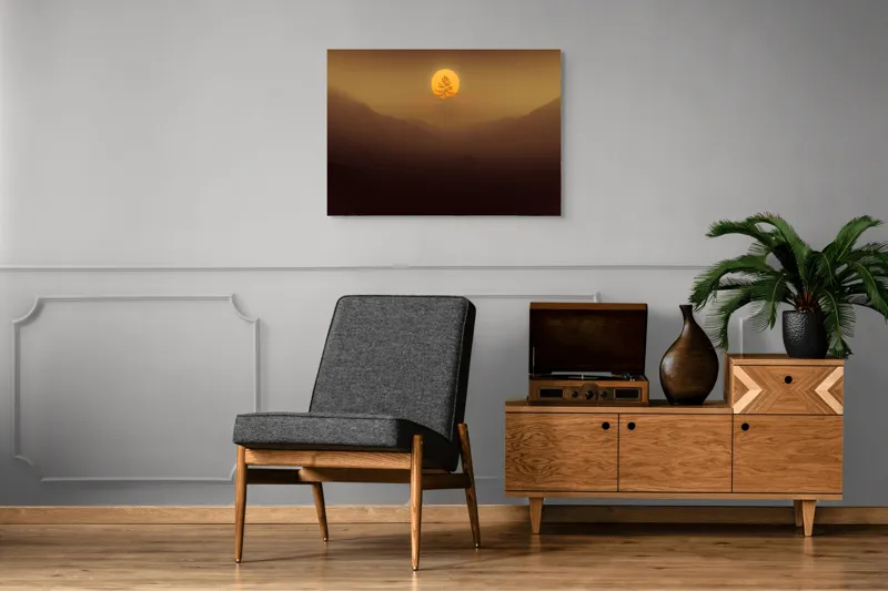 Tablou Canvas, "Copacul solitar sub soarele misterios", Soare, Copac, Ceață, Munte, Lumină, Siluetă, Apus, 100 x 70 cm – poza 8