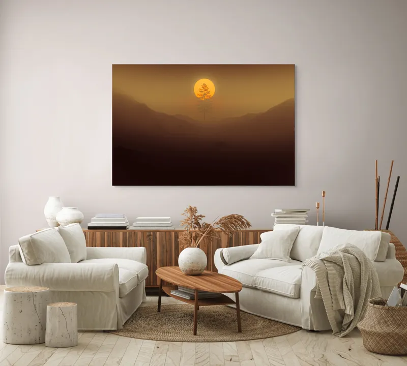 Tablou Canvas, "Copacul solitar sub soarele misterios", Soare, Copac, Ceață, Munte, Lumină, Siluetă, Apus, 150 x 100 cm – poza 3