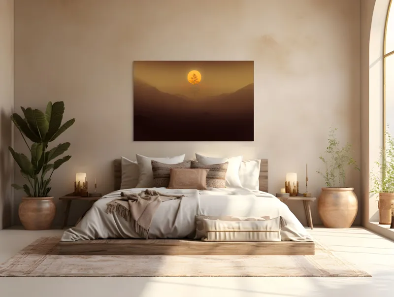 Tablou Canvas, "Copacul solitar sub soarele misterios", Soare, Copac, Ceață, Munte, Lumină, Siluetă, Apus, 150 x 100 cm – poza 4