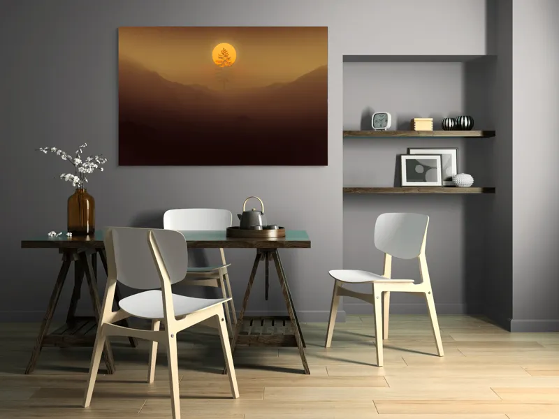 Tablou Canvas, "Copacul solitar sub soarele misterios", Soare, Copac, Ceață, Munte, Lumină, Siluetă, Apus, 150 x 100 cm – poza 5