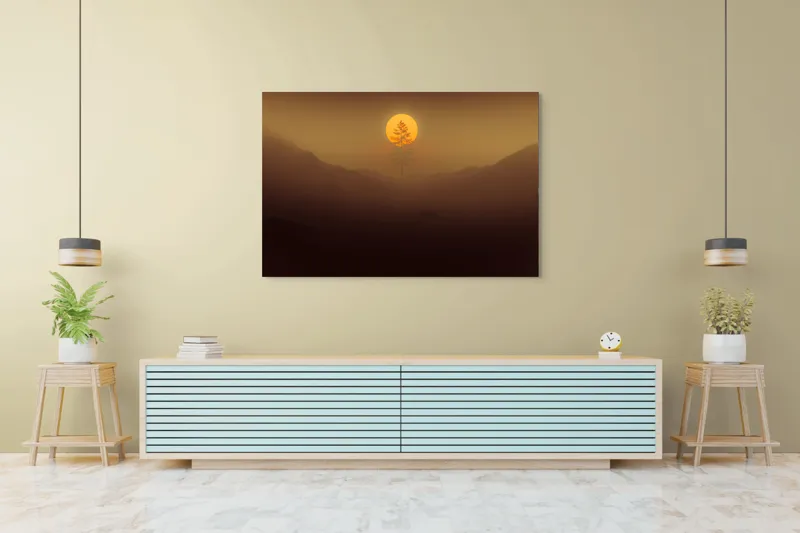 Tablou Canvas, "Copacul solitar sub soarele misterios", Soare, Copac, Ceață, Munte, Lumină, Siluetă, Apus, 150 x 100 cm – poza 6