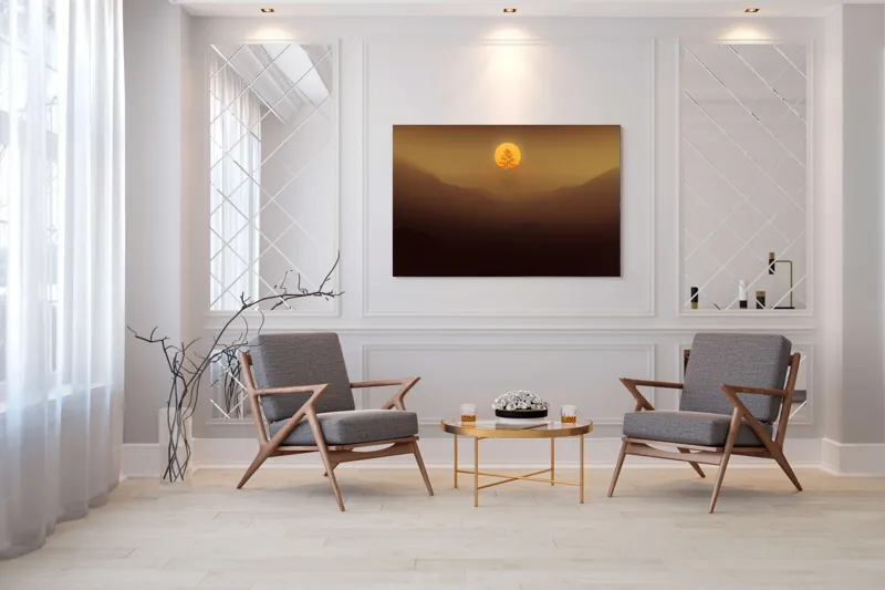 Tablou Canvas, "Copacul solitar sub soarele misterios", Soare, Copac, Ceață, Munte, Lumină, Siluetă, Apus, 150 x 100 cm – poza 7