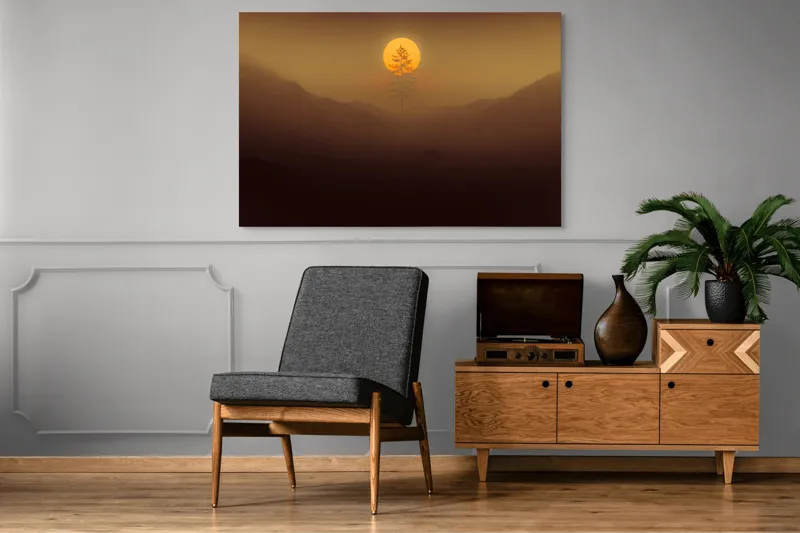 Tablou Canvas, "Copacul solitar sub soarele misterios", Soare, Copac, Ceață, Munte, Lumină, Siluetă, Apus, 150 x 100 cm – poza 8