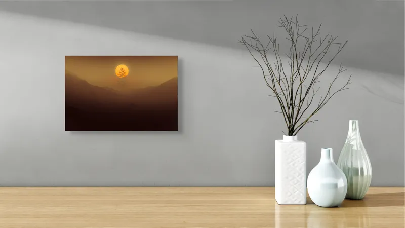 Tablou Canvas, "Copacul solitar sub soarele misterios", Soare, Copac, Ceață, Munte, Lumină, Siluetă, Apus, 39 x 26 cm – poza 8