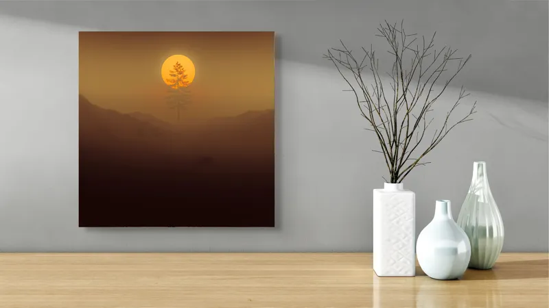 Tablou Canvas, "Copacul solitar sub soarele misterios", Soare, Copac, Ceață, Munte, Lumină, Siluetă, Apus, 50 x 50 cm – poza 3
