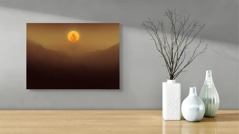 Tablou Canvas, "Copacul solitar sub soarele misterios", Soare, Copac, Ceață, Munte, Lumină, Siluetă, Apus, 54 x 39 cm – poza 3