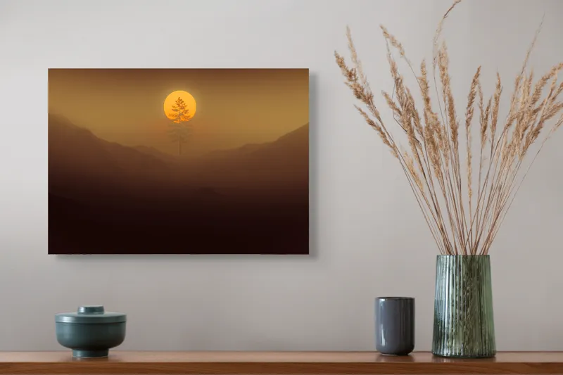 Tablou Canvas, "Copacul solitar sub soarele misterios", Soare, Copac, Ceață, Munte, Lumină, Siluetă, Apus, 54 x 39 cm – poza 4