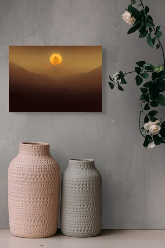 Tablou Canvas, "Copacul solitar sub soarele misterios", Soare, Copac, Ceață, Munte, Lumină, Siluetă, Apus, 54 x 39 cm – poza 8