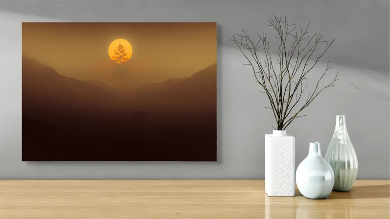 Tablou Canvas, "Copacul solitar sub soarele misterios", Soare, Copac, Ceață, Munte, Lumină, Siluetă, Apus, 70 x 50 cm – poza 3