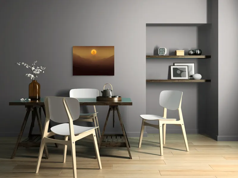Tablou Canvas, "Copacul solitar sub soarele misterios", Soare, Copac, Ceață, Munte, Lumină, Siluetă, Apus, 70 x 50 cm – poza 5