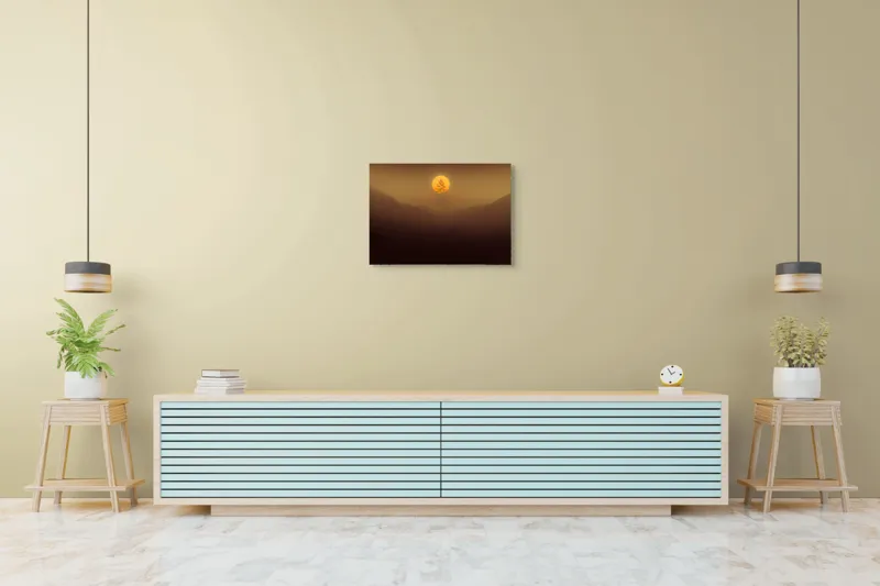 Tablou Canvas, "Copacul solitar sub soarele misterios", Soare, Copac, Ceață, Munte, Lumină, Siluetă, Apus, 70 x 50 cm – poza 7