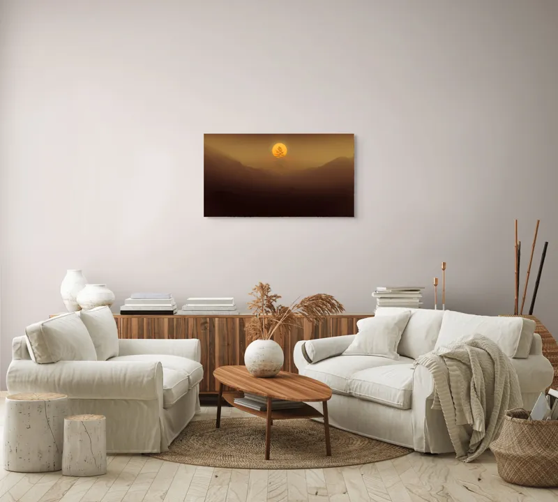 Tablou Canvas, "Copacul solitar sub soarele misterios", Soare, Copac, Ceață, Munte, Lumină, Siluetă, Apus, 90 x 50 cm – poza 4