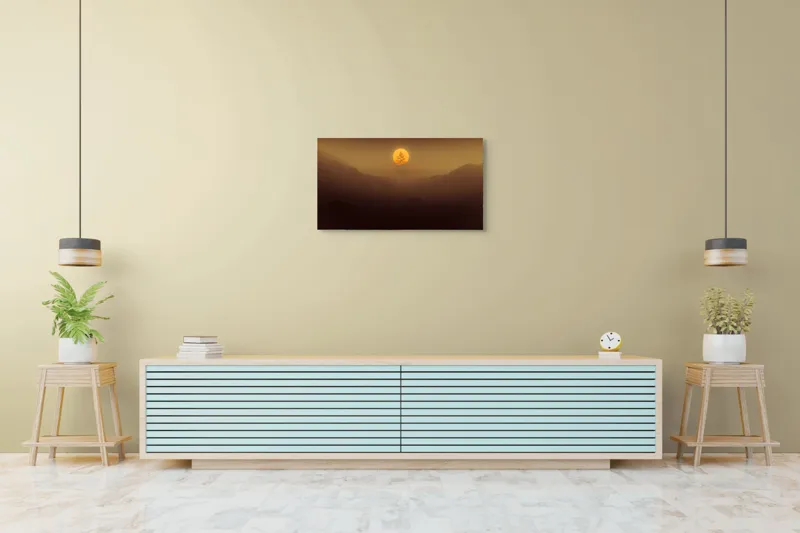 Tablou Canvas, "Copacul solitar sub soarele misterios", Soare, Copac, Ceață, Munte, Lumină, Siluetă, Apus, 90 x 50 cm – poza 5