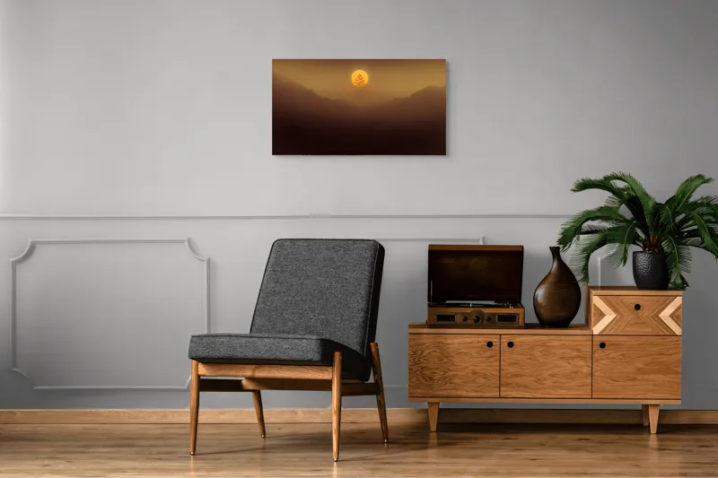 Tablou Canvas, "Copacul solitar sub soarele misterios", Soare, Copac, Ceață, Munte, Lumină, Siluetă, Apus, 90 x 50 cm – poza 6