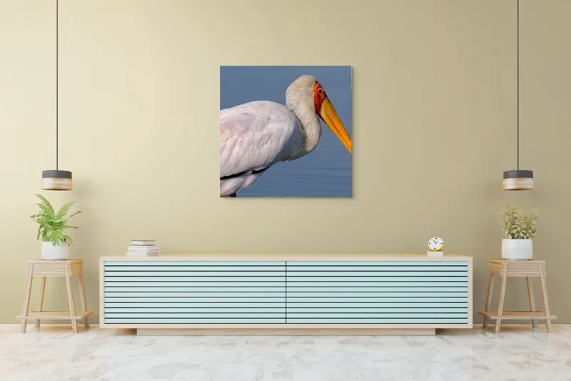 Tablou Canvas, "Pelicani grațioși la apusul seren", Pasăre, Penaj, Alb, Cioc, Lung, Galben, Apă, Fundal, Senin, Ochi, Portocaliu, 100 x 100 cm – poza 5