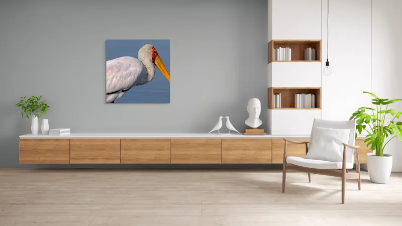 Tablou Canvas, "Pelicani grațioși la apusul seren", Pasăre, Penaj, Alb, Cioc, Lung, Galben, Apă, Fundal, Senin, Ochi, Portocaliu, 100 x 100 cm – poza 8