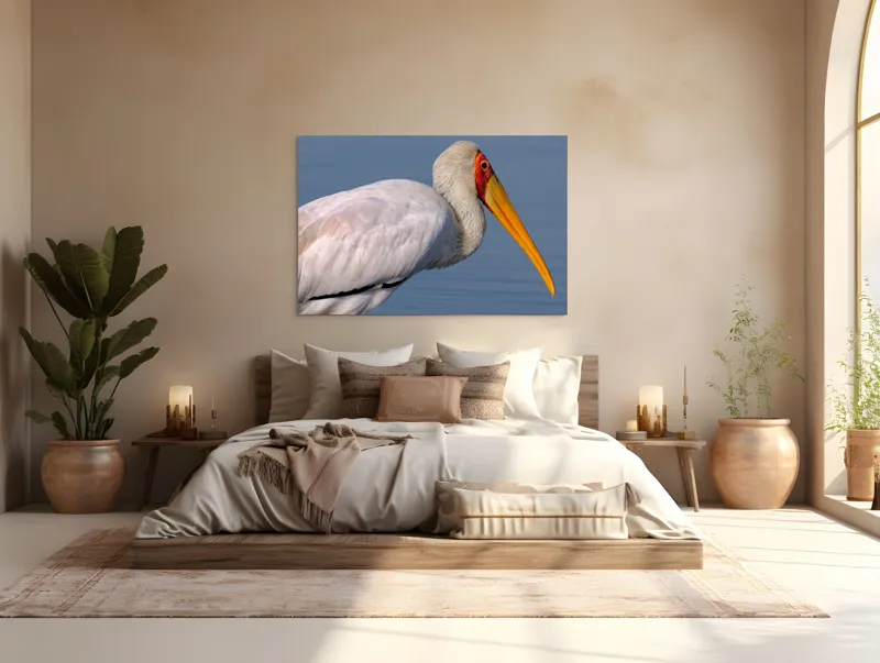 Tablou Canvas, "Pelicani grațioși la apusul seren", Pasăre, Penaj, Alb, Cioc, Lung, Galben, Apă, Fundal, Senin, Ochi, Portocaliu, 150 x 100 cm – poza 4