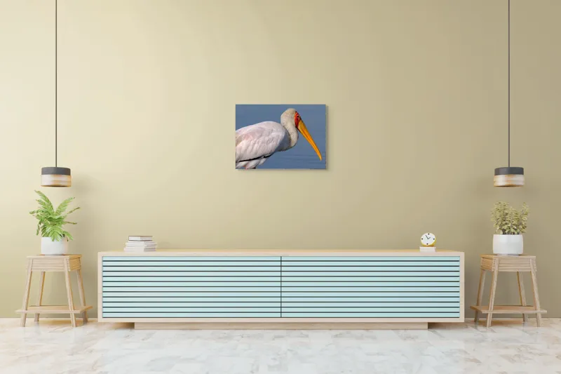 Tablou Canvas, "Pelicani grațioși la apusul seren", Pasăre, Penaj, Alb, Cioc, Lung, Galben, Apă, Fundal, Senin, Ochi, Portocaliu, 70 x 50 cm – poza 7