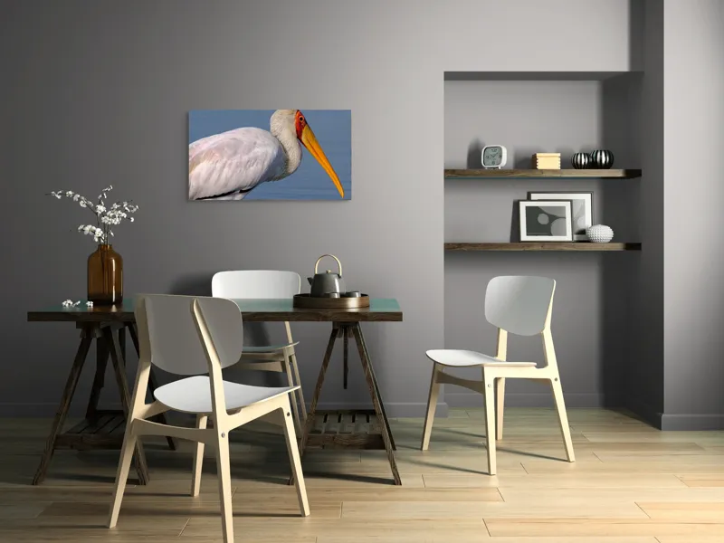 Tablou Canvas, "Pelicani grațioși la apusul seren", Pasăre, Penaj, Alb, Cioc, Lung, Galben, Apă, Fundal, Senin, Ochi, Portocaliu, 90 x 50 cm – poza 3