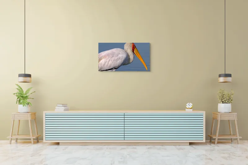 Tablou Canvas, "Pelicani grațioși la apusul seren", Pasăre, Penaj, Alb, Cioc, Lung, Galben, Apă, Fundal, Senin, Ochi, Portocaliu, 90 x 50 cm – poza 5