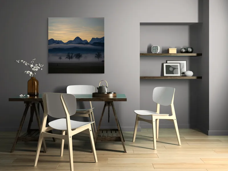 Tablou Canvas, "Norii dansând sub munții înzăpeziți", Munți, Ceață, Siluetă, Cer, Apus, Peisaj, Arbori, Liniște, Natură., 100 x 100 cm – poza 6