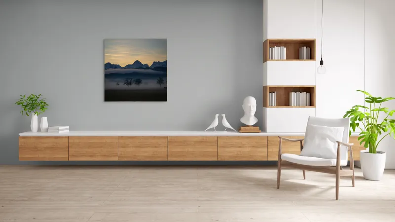 Tablou Canvas, "Norii dansând sub munții înzăpeziți", Munți, Ceață, Siluetă, Cer, Apus, Peisaj, Arbori, Liniște, Natură., 100 x 100 cm – poza 8