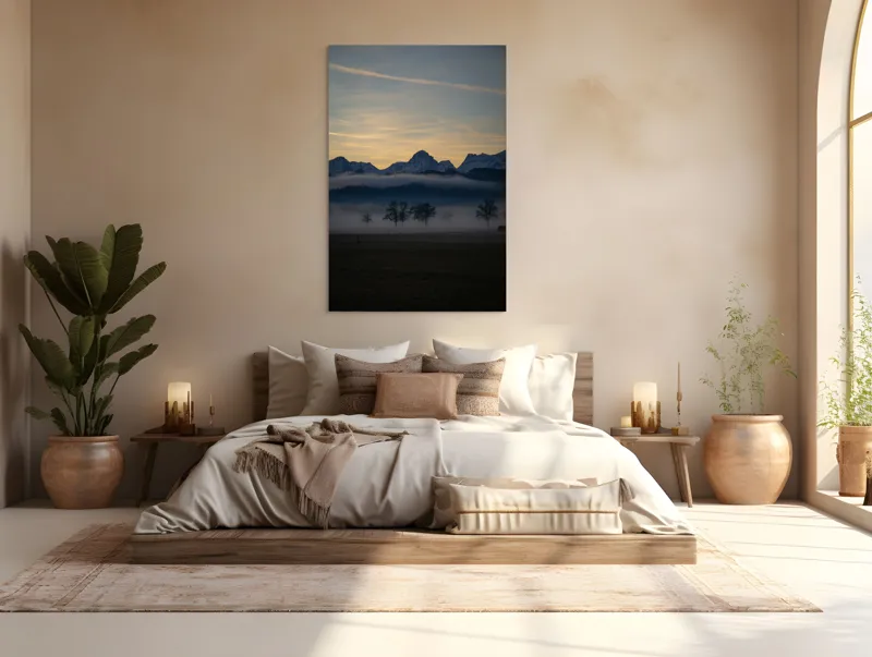 Tablou Canvas, "Norii dansând sub munții înzăpeziți", Munți, Ceață, Siluetă, Cer, Apus, Peisaj, Arbori, Liniște, Natură., 100 x 150 cm – poza 3