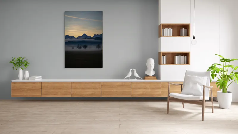 Tablou Canvas, "Norii dansând sub munții înzăpeziți", Munți, Ceață, Siluetă, Cer, Apus, Peisaj, Arbori, Liniște, Natură., 100 x 150 cm – poza 8