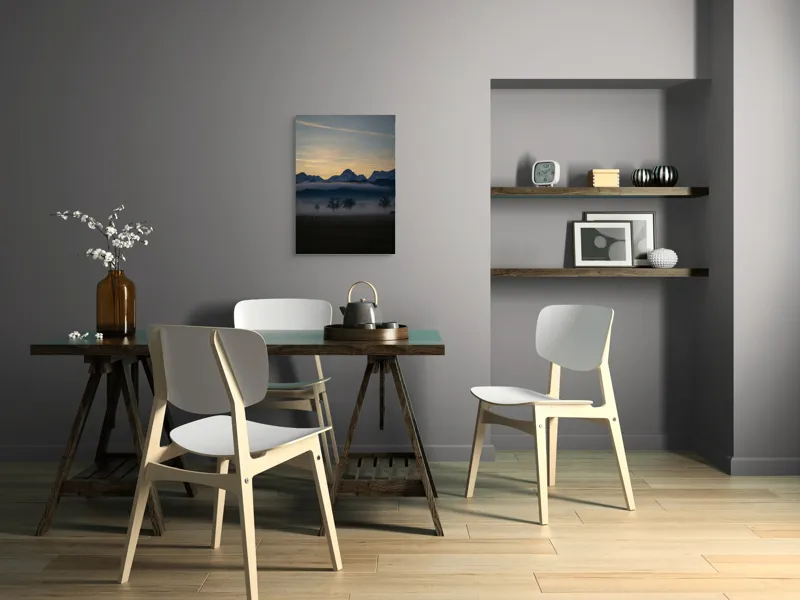Tablou Canvas, "Norii dansând sub munții înzăpeziți", Munți, Ceață, Siluetă, Cer, Apus, Peisaj, Arbori, Liniște, Natură., 50 x 70 cm – poza 5