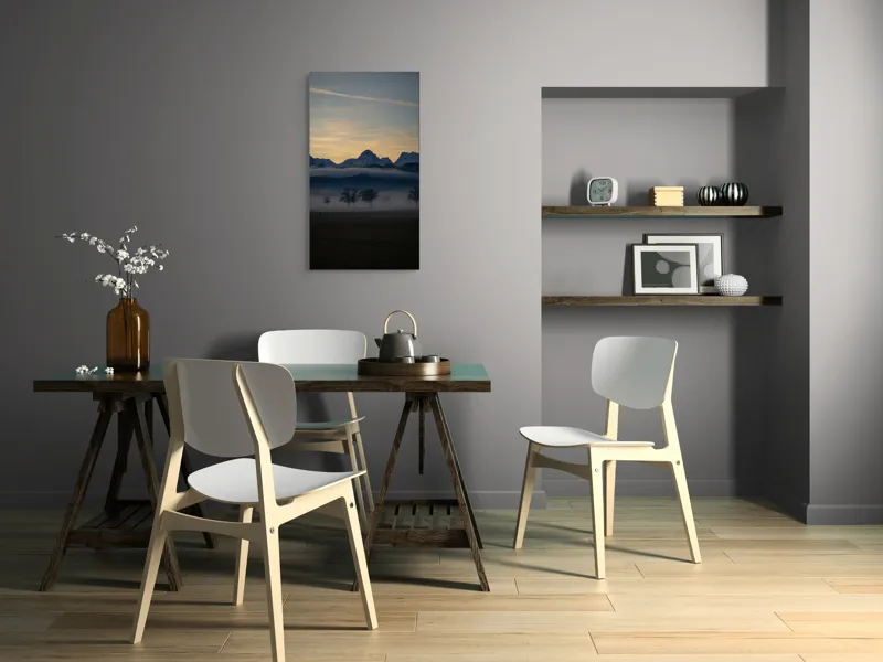 Tablou Canvas, "Norii dansând sub munții înzăpeziți", Munți, Ceață, Siluetă, Cer, Apus, Peisaj, Arbori, Liniște, Natură., 50 x 90 cm – poza 4