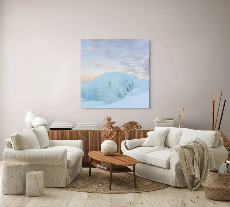 Tablou Canvas, "Gheață albastră sub cerul roz", Gheață, Ocean, Cer, Apus, Nor, Albastru, Roz, Peisaj, Rece, Liniște, 100 x 100 cm – poza 3